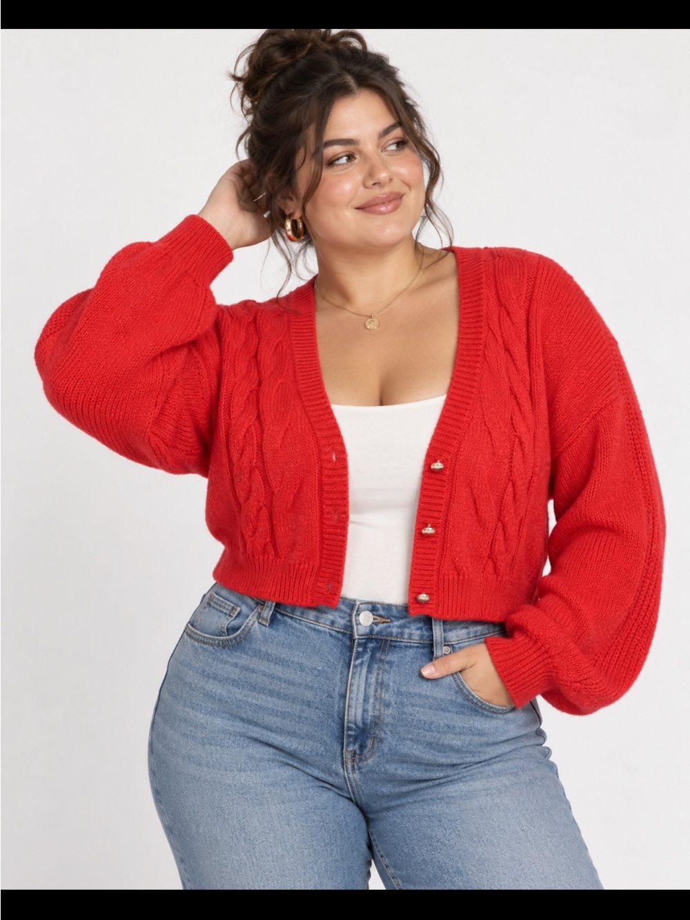 crown & ivy Red Cable-Knit Cropped Cardigan
